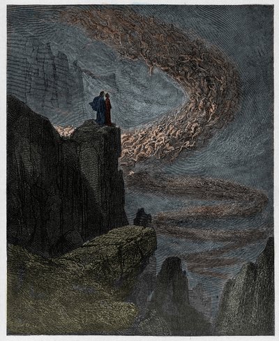 Inferno, Canto 5: Minos oordeelt over de overtredingen en stuurt de zielen, illustratie uit De Goddelijke Komedie van Dante Alighieri, 1885 (digitaal ingekleurde gravure) door Gustave after Dore